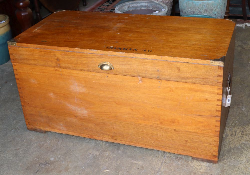 A large camphorwood coffer with aluminium lining, stencilled Donkin 46, W.122cm, D.60cm, H.62cm